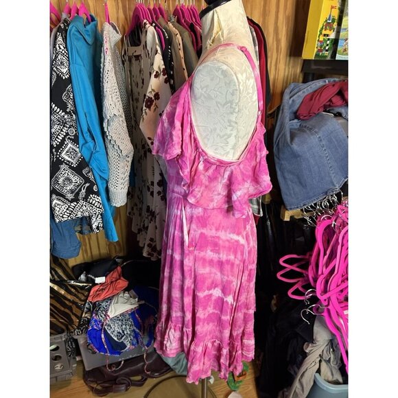 TORRID Pink Tie Dye Cold Shoulder Dress‎ Handkerchief Skater Dress Sz 0 (L) NWOT - Picture 5 of 12